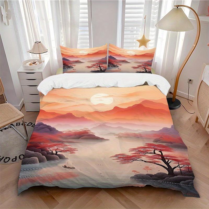 3pcs Chinese style Landscape 1Cover + 2Pillowcases, PillowInserts NotIncluded, Machine Washable, All - Season Use, Suitable for Bedroom Guest Room43