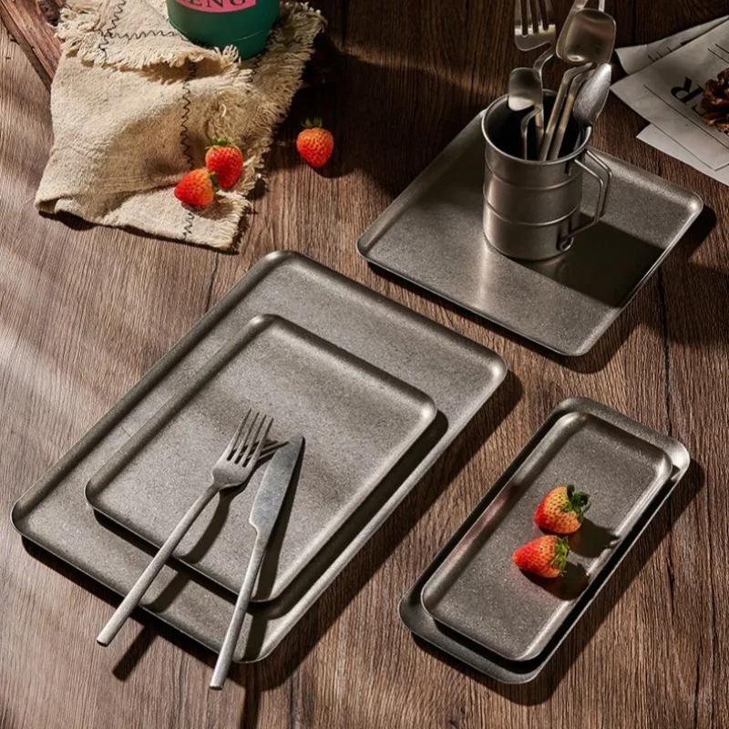 Винтажный квадратный поднос из нержавеющей стали 304 со снежинками и серебром, тарелка для обеда с круглым краем, поднос для гриля, декоративный поднос для стейка