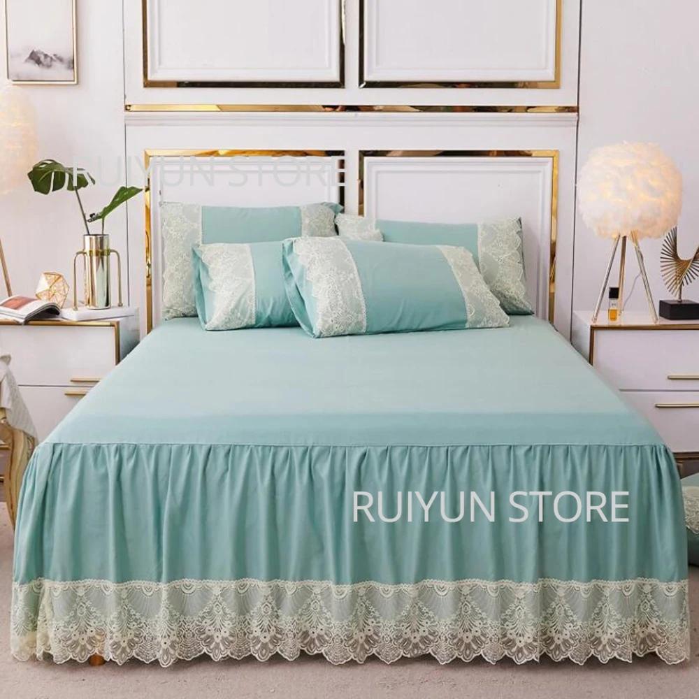 Декоративная кружевная юбка на кровать, нескользящий наматрасник, чехол на кровать, юбка с рюшами, покрывало, простыня, сплошной цвет