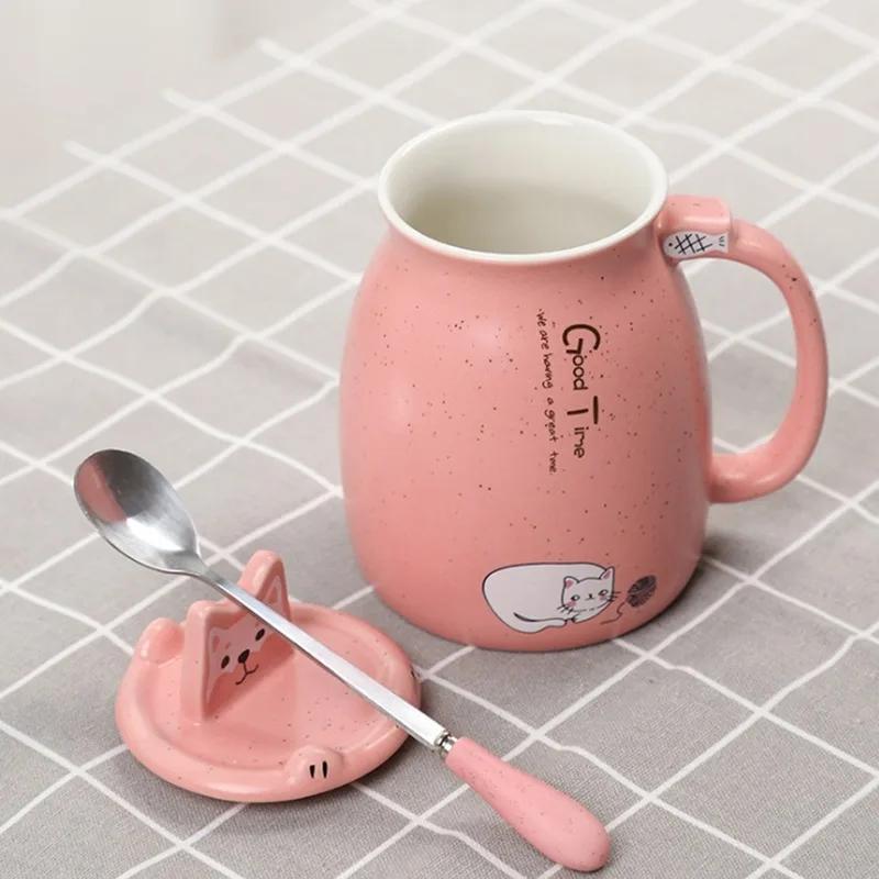 500 мл мультяшная керамическая кружка с котом, крышкой и ручкой в виде ложки, милая кружка с котом, кружки для кофе, молока, чая, чашки для завтрака, посуда для напитков, новинки, подарки