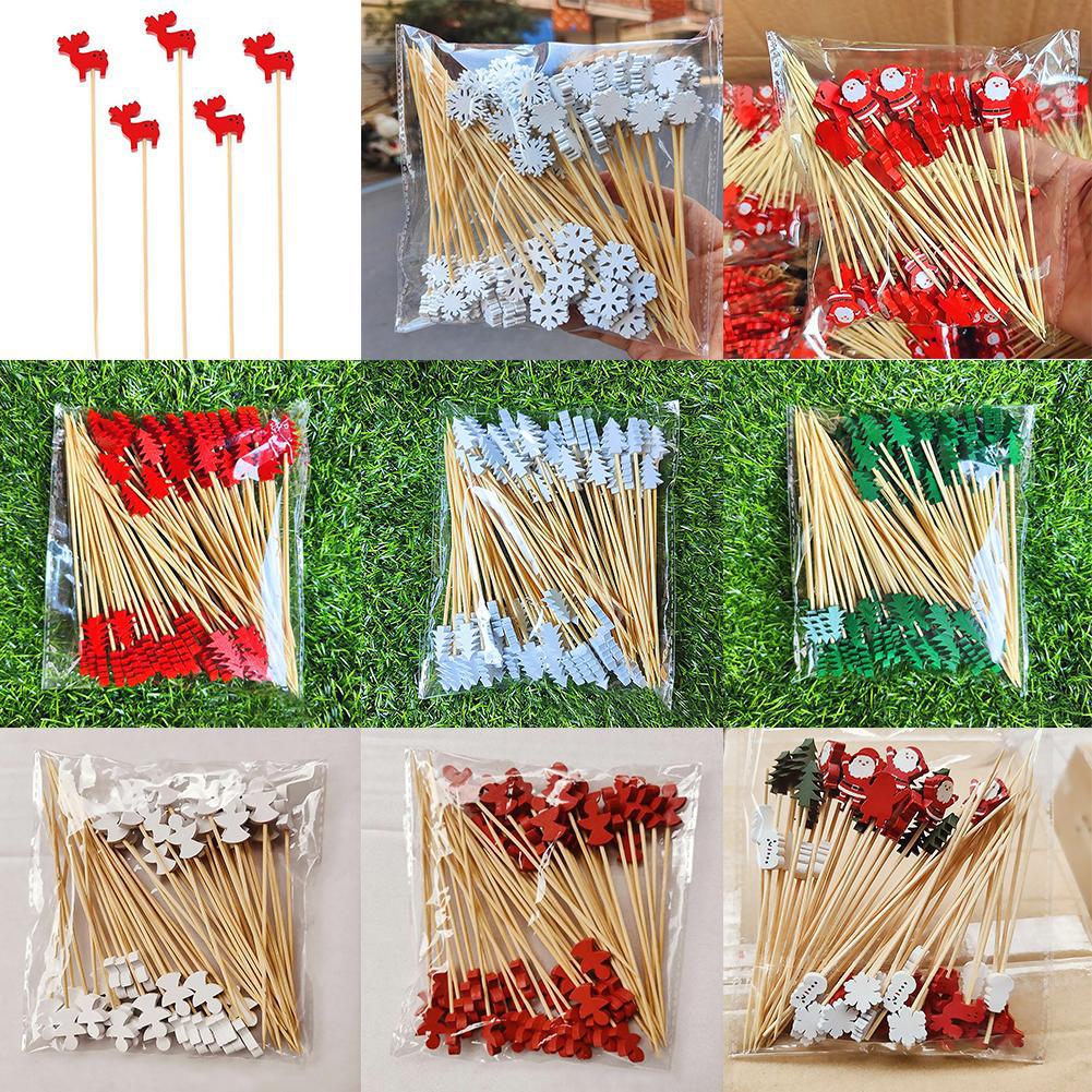 50 Count Bamboo Appetizer Picks Santa Theme Party Toothpicks For Holiday Fruit Salad Dessert Buffet Table Decorations