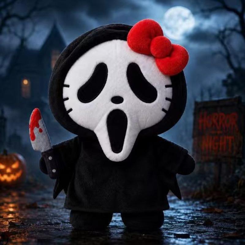 Halloween Ghostface Hello Kitty Plush Toy, Scary Movie Scream KT Ghostface Stuffed Doll Cute Horror Figure Halloween Party Decor Gift for Collection