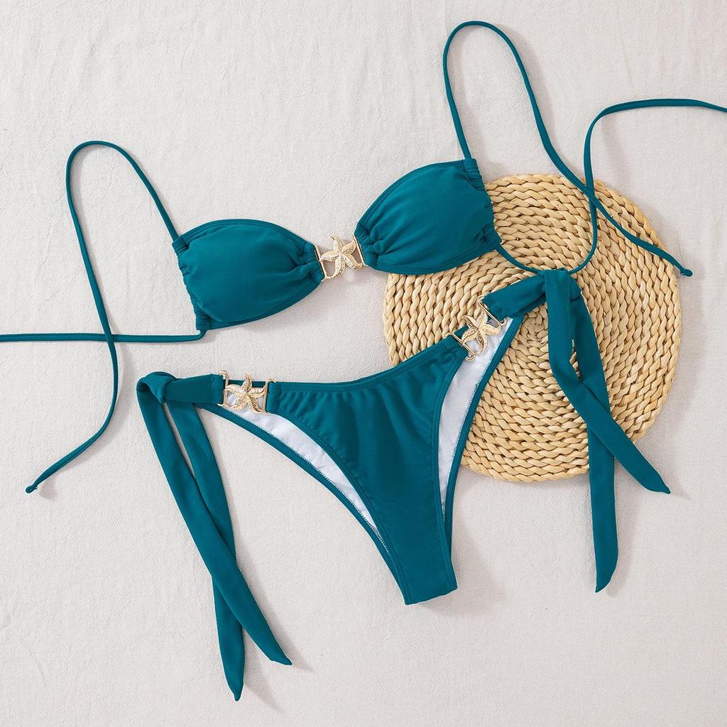 2025 Европейский и американский однотонный купальник бикини с разрезом на шнуровке и кружевом в виде морской звезды