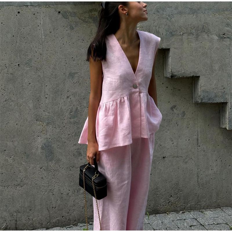 Cotton V-neck Sleeveless Top Women's Loose Vest Pants Set Solid Color Temperament Commut Two-piece Set Spring and Summer New