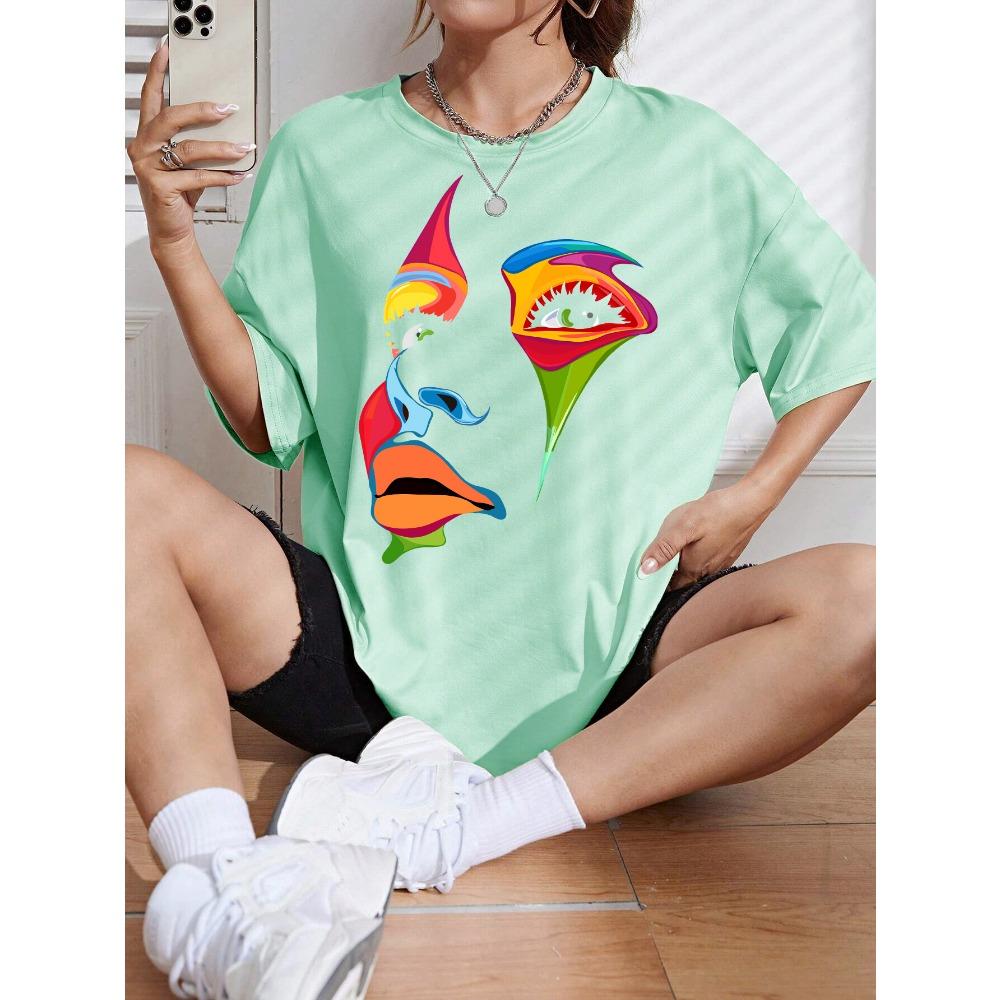 Painted Lady Face Personality Design Print T Shirt Female Street Comfortable T-Shirt