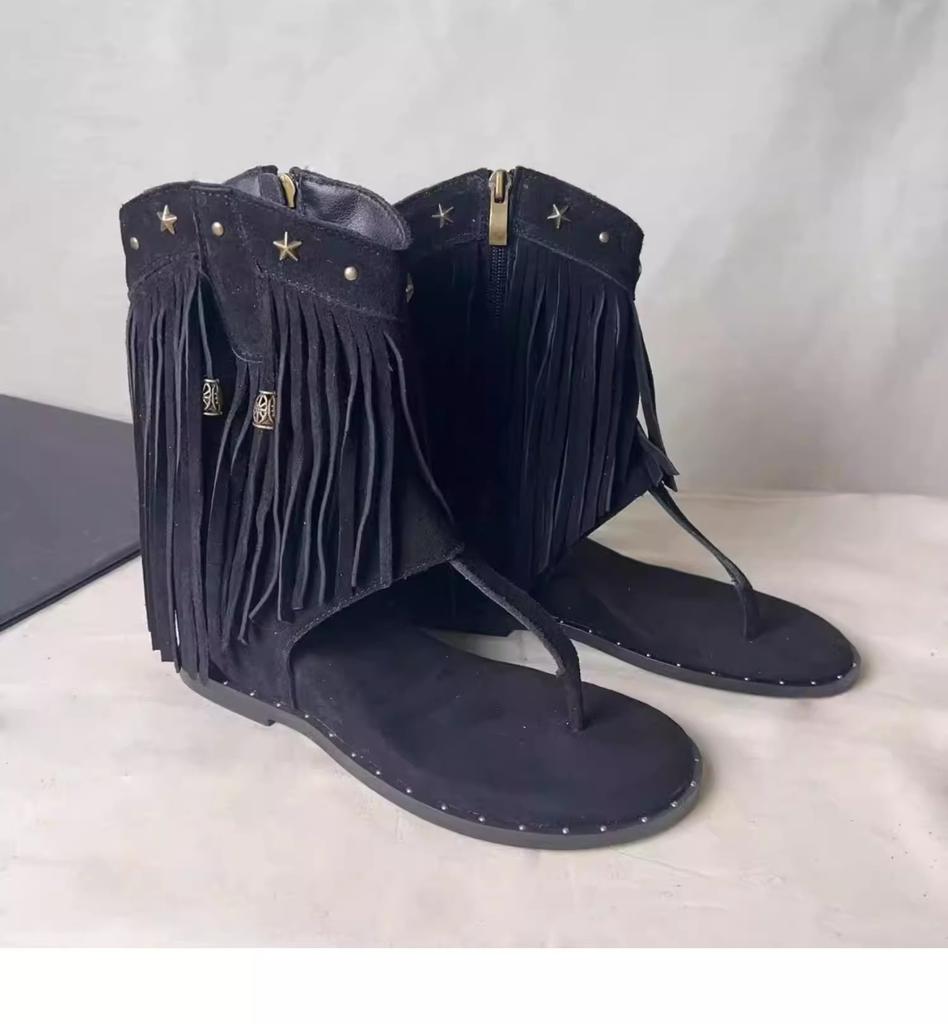 Spot second hair! Tassel rivet herringbone clip sandals new inner height increase side zipper Roman cool boots western boots