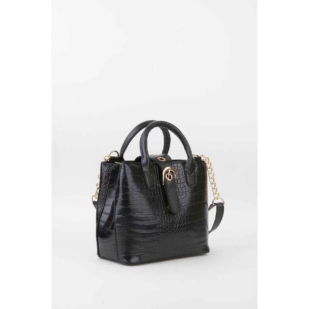 Women's Black Faux Leather Croco Patterned Strap Snap Fastener Zipper Closure Hand And Shoulder Bag