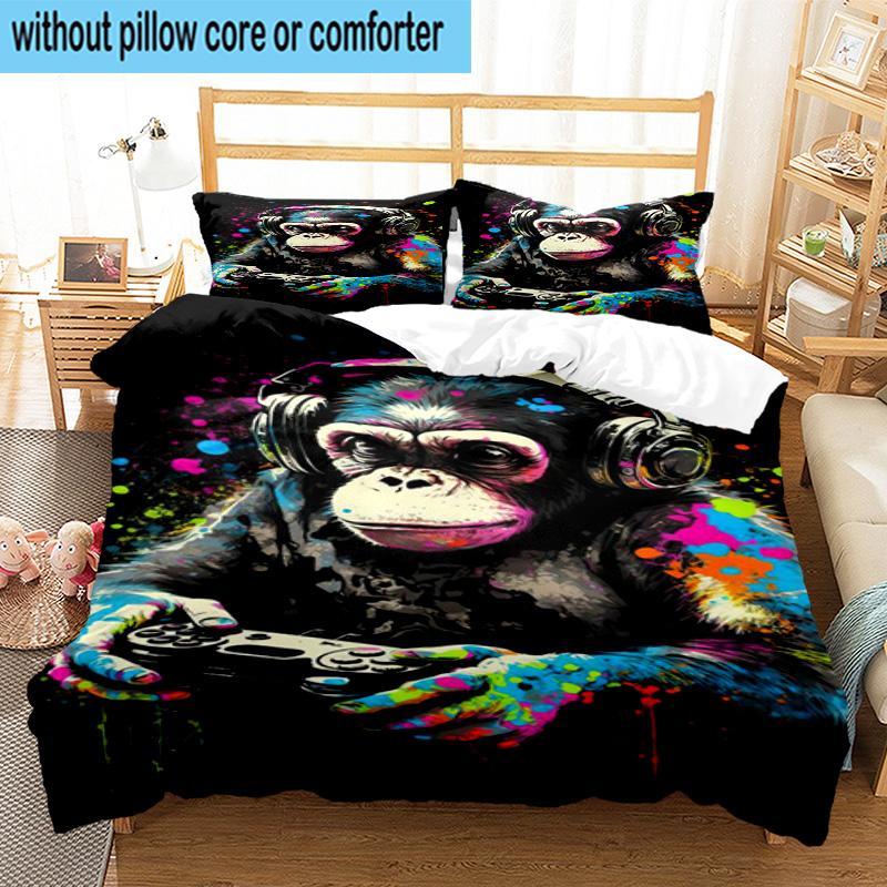 Monkey Music Headphones 3pcs Bedding,Including 1pc Duvet Cover And 2pcs Pillowcases Perfect for Christmas,Ideal for Bedroom, Dormitory