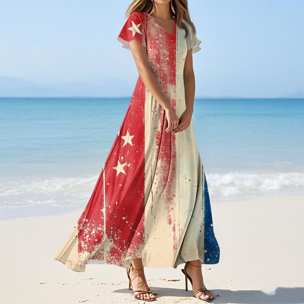 Женские летние повседневные модные платья с принтом ко Дню независимости, платья с коротким рукавом и V-образным вырезом