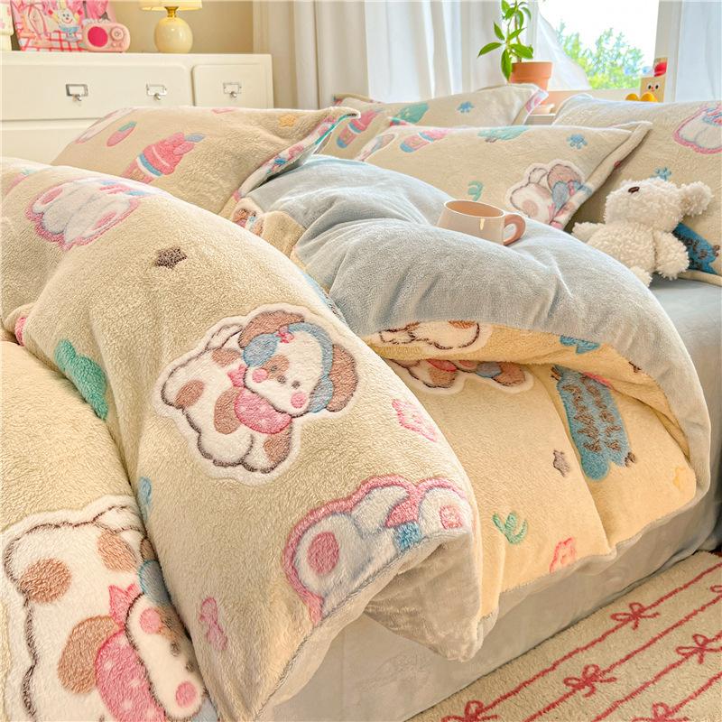 Snowflake Fleece Four-Piece Set, Thickened Milk Coral Fleece Quilt Cover, Double-Sided Fleece Quilt Cover, Bed Sheet, Bed Hat Three-Piece Set