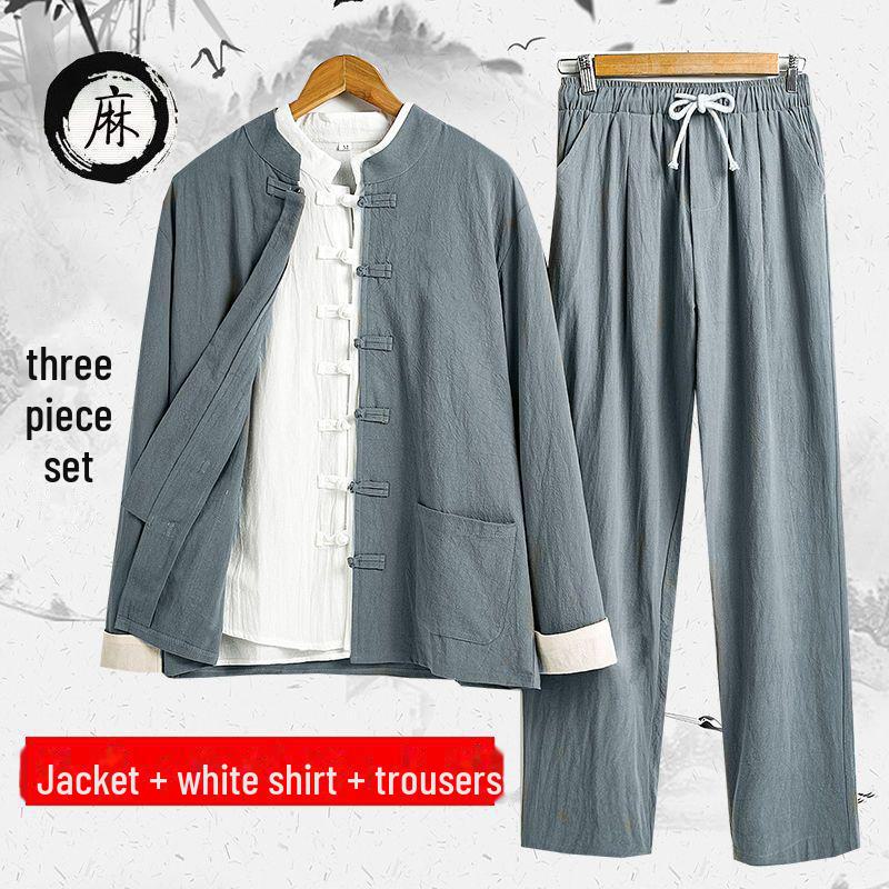 Мужской костюм Тан из хлопка и льна: Древний стиль ханьфу для медитации и чайных церемоний - весна, лето, осень.