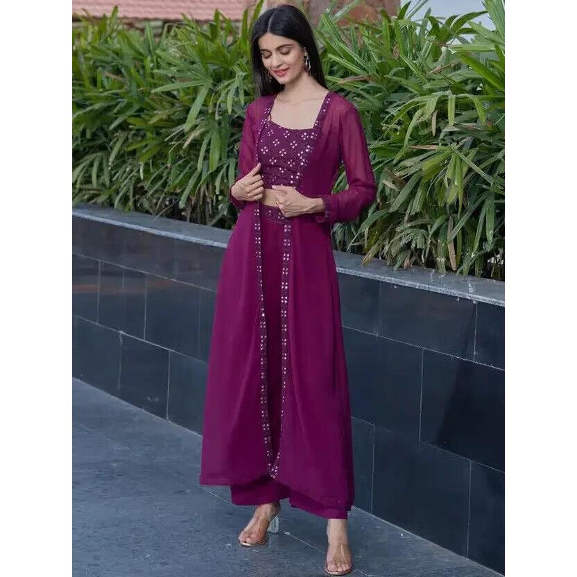 Women Georgette Ethnic Top Palazzo Ethnic Jacket Set Indian Pakistani Party Wear VF-20162