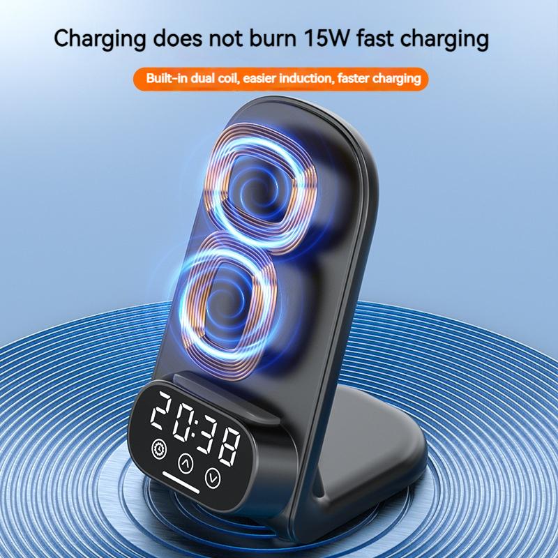 3 IN 1 Clock Wireless Charger Stand for SmartPhone Type-C Earphone Fast Charger Station for Iphone 15 14 13 12 11 Pro Max Airpods