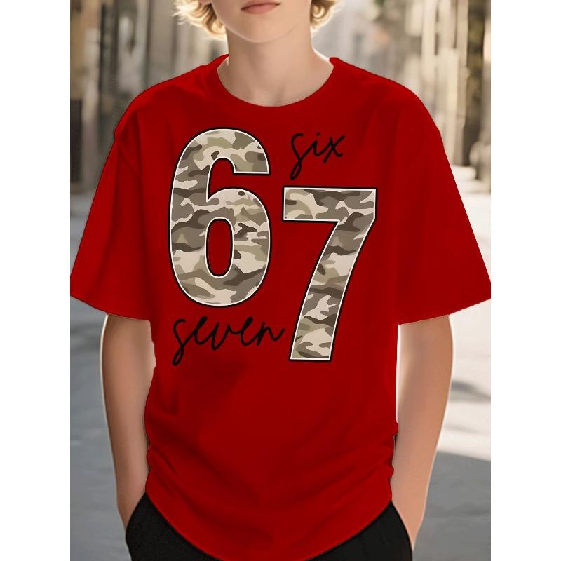 European sizes Boys Clothing Casual Trendy Camo Number 67 Graphic Tee Kids Wear for Boys Ages 5-13 Street Style Daily Wear Holiday Gift