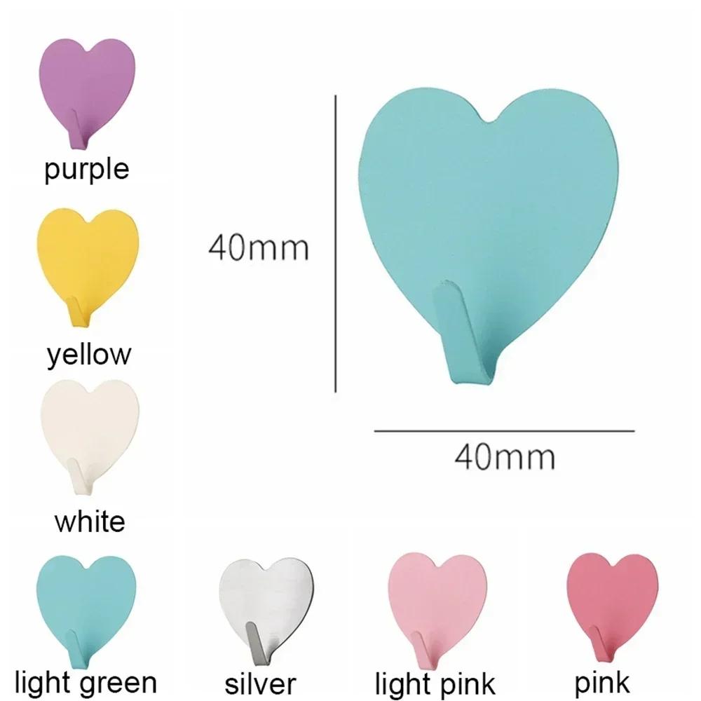 Cute Heart Shape Hooks Self Adhesive Hooks Stainless Steel Strong Sticky Wall Door Hang Bathroom Storage Organizer Holder