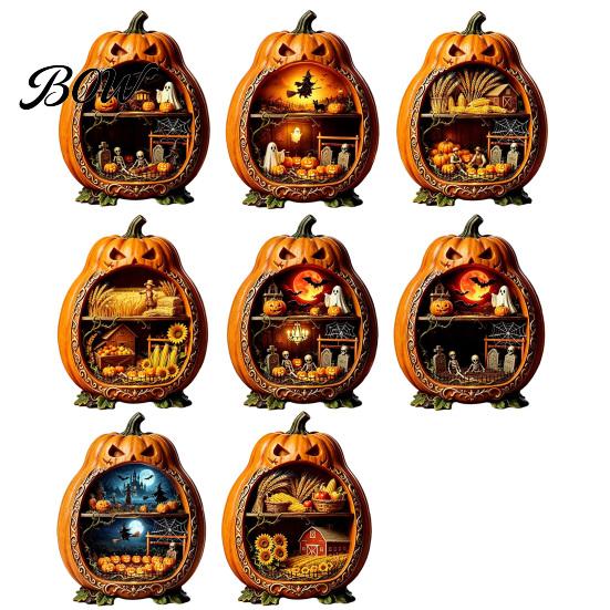 Halloween Cobweb Decorations Centerpiece Pumpkin, Wooden Pumpkin Ornament with Miniature Scenes, Rustic Detailed Scene Decor Skeleton for Farmhouse