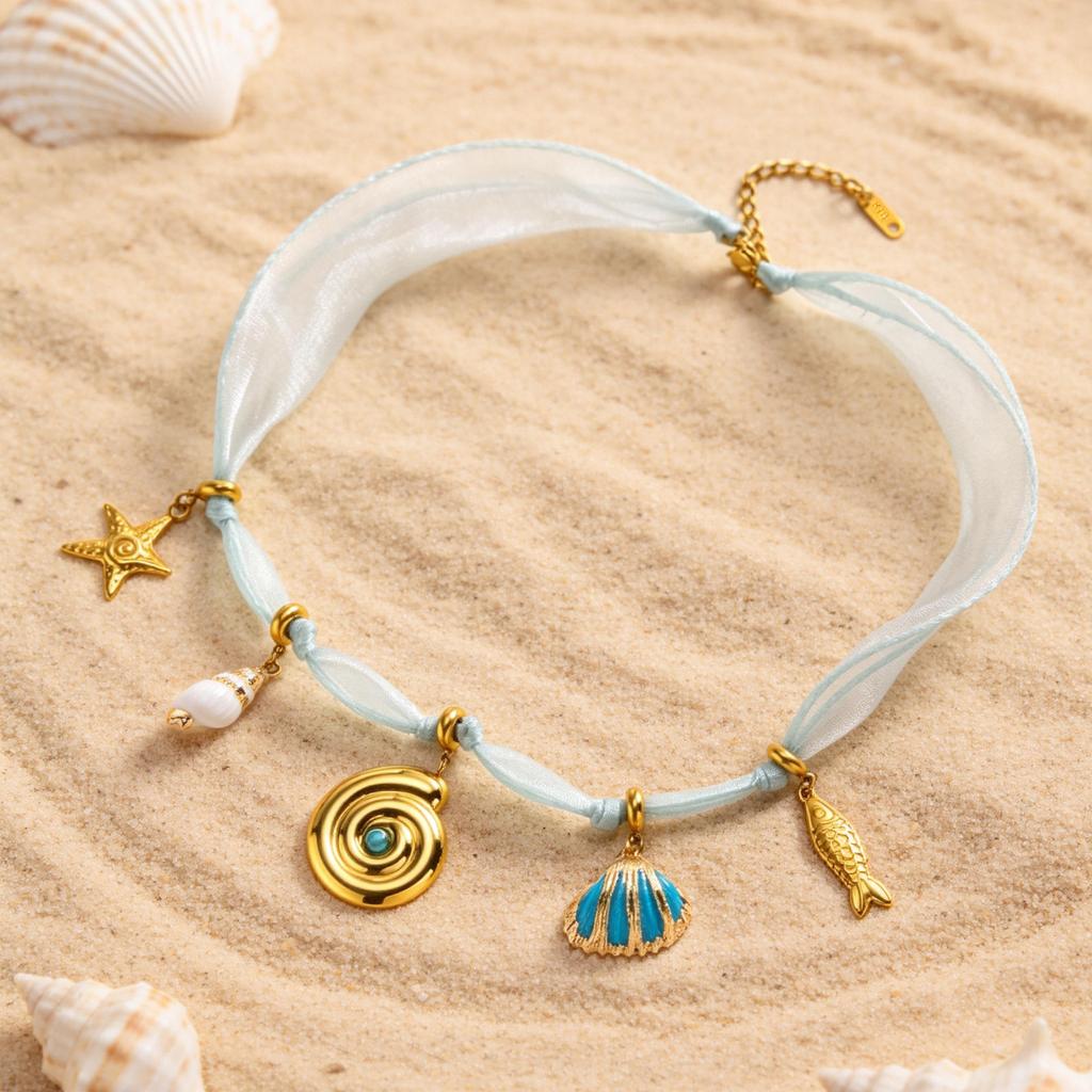 Fashion Bohemian Vacation Ocean Element Pendant Green Ribbon Necklace Women'S Stainless Steel 2653