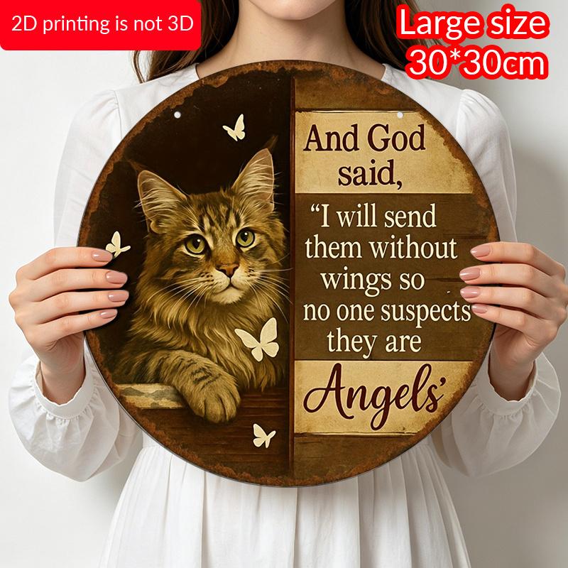 2D Flat, 1pc Aluminum Metal Sign, Inspired by Cats and Butterflies, Decor Features Christian Quote and Wingless Angel Motif.Suitable for