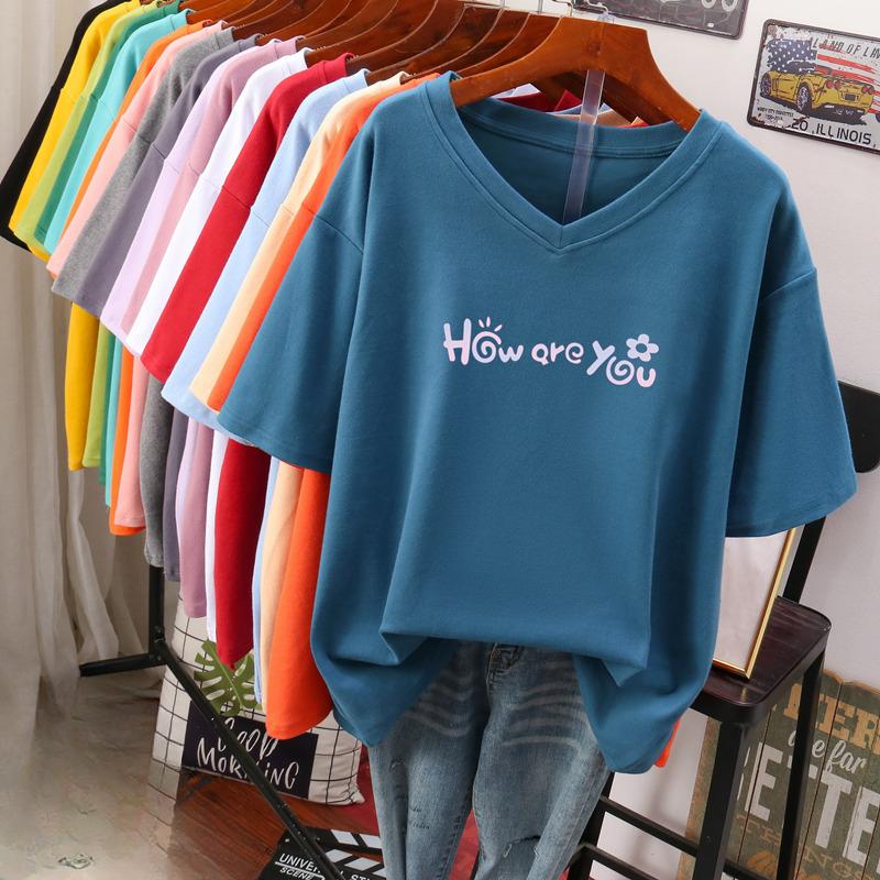 Футболка с коротким рукавом, Свободного кроя, Приталенный топ с V-образным вырезом с принтом для женщин