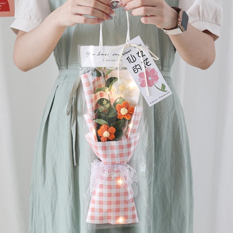 LED Knitted Flower Bouquets Finished Woven Bouquet Crochet Flower Decorations Artificial Flowers Wedding Decor Birthday Gifts