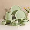 Creative Matcha Green Embossed Ceramic Dishware Set: Includes Plates, Rice Bowls, and Large Soup Bowl