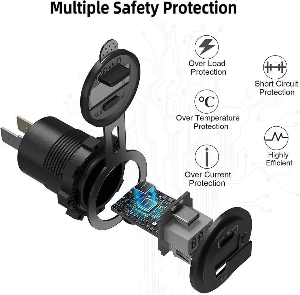 Автомобильное зарядное устройство, 12 В/24 В, 48 Вт, двухпортовая розетка USB Type C PD QC 3,0, быстрое зарядное устройство, автоматический светодиодный дисплей, вольтметр с переключателем вкл./выкл.