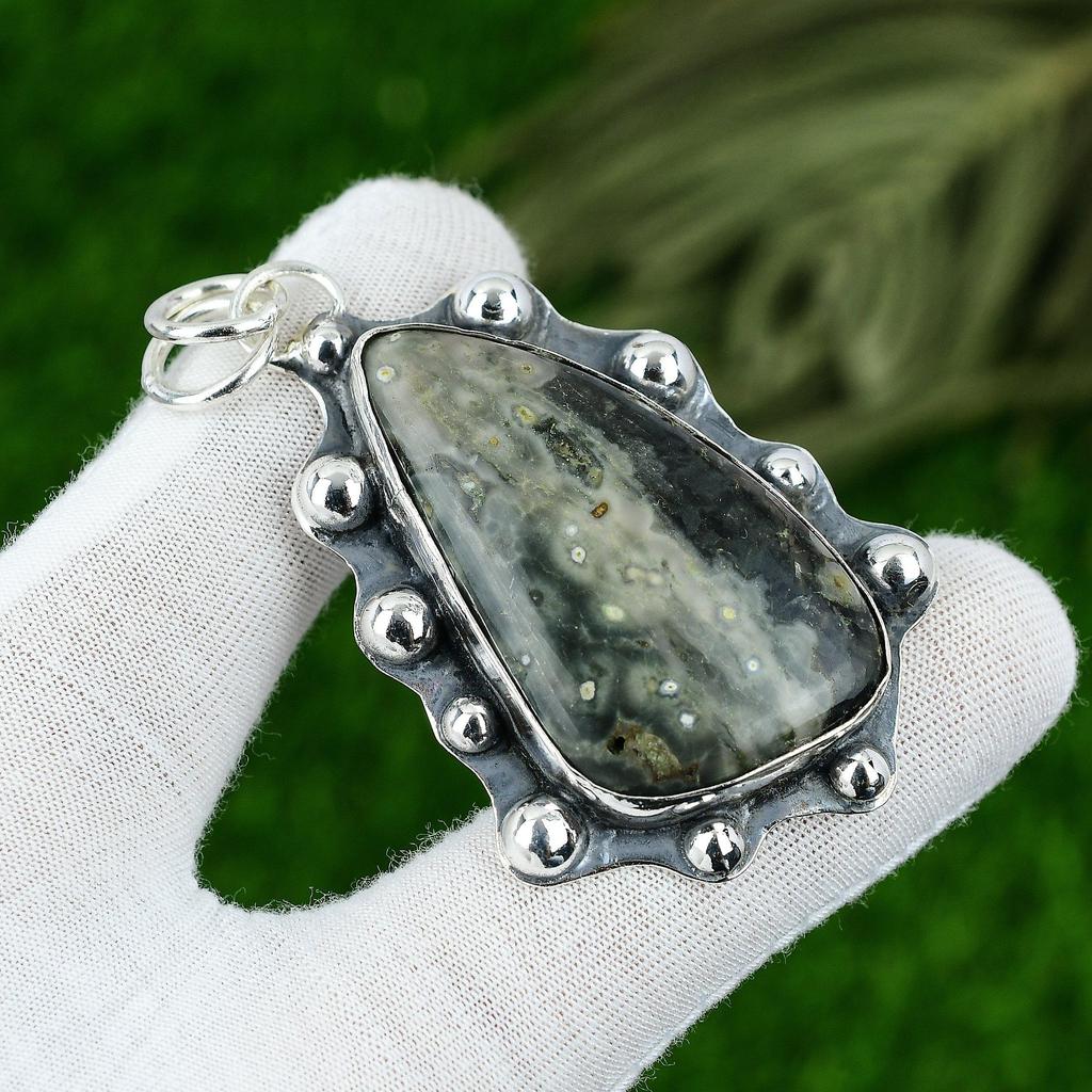 Подарок на годовщину для нее Подвеска из натурального океанического яшмового драгоценного камня 925 серебро