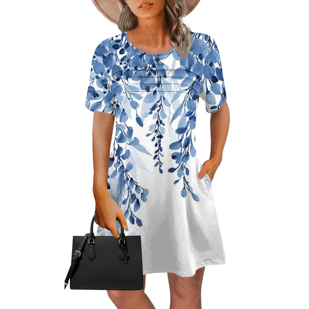 Женское летнее винтажное платье с цветочным принтом, повседневное платье с коротким рукавом и круглым карманом