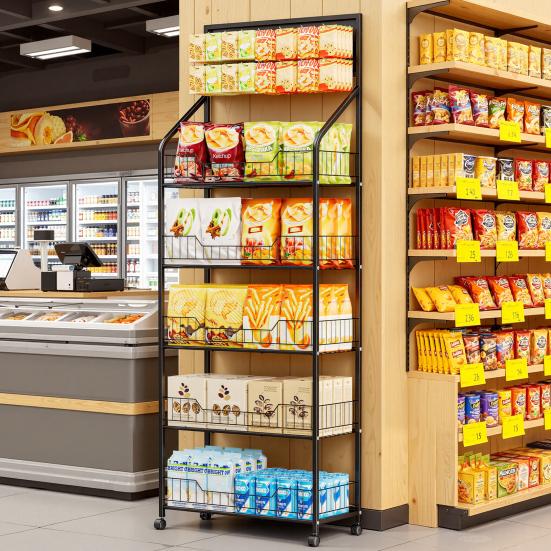 Snack Display Organizer 4/5 Tier Retail Rack Black Metal Candy Storage Shelf Cart with Wheels Wire & 15 Hooks Heavy-Duty Potato Chip Stand