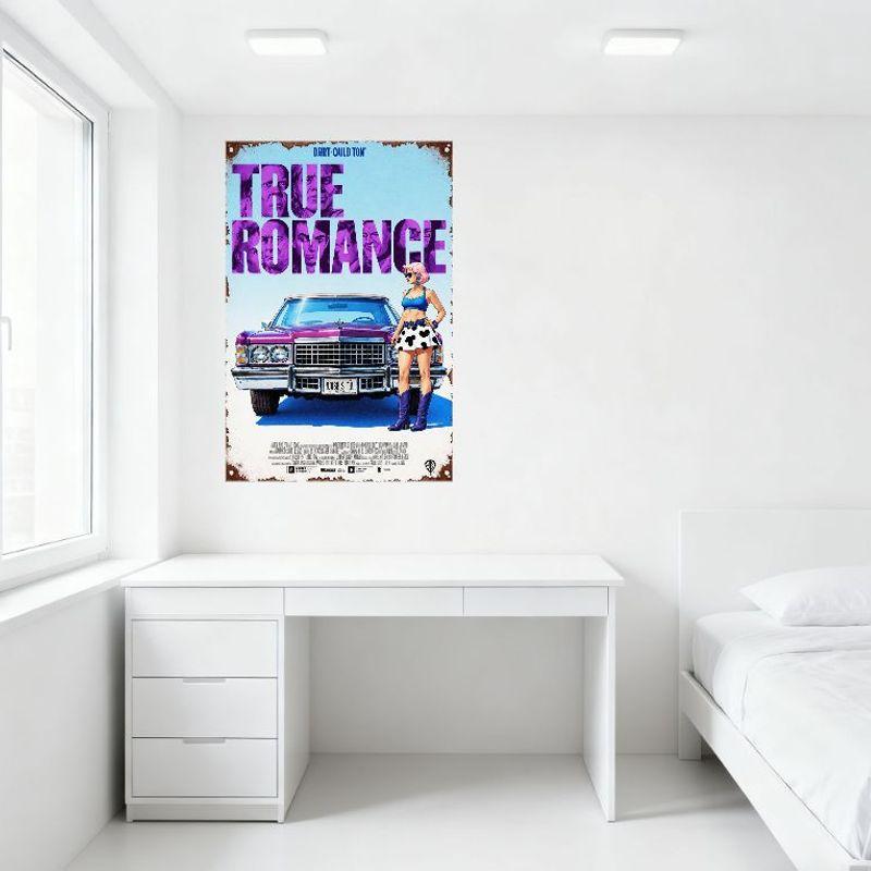 True Romance Movie Poster Metal Tin Sign Vintage 1970s Gritty Crime Romance Artwork Wall Decor for Bar Cafe Man Cave Home Art
