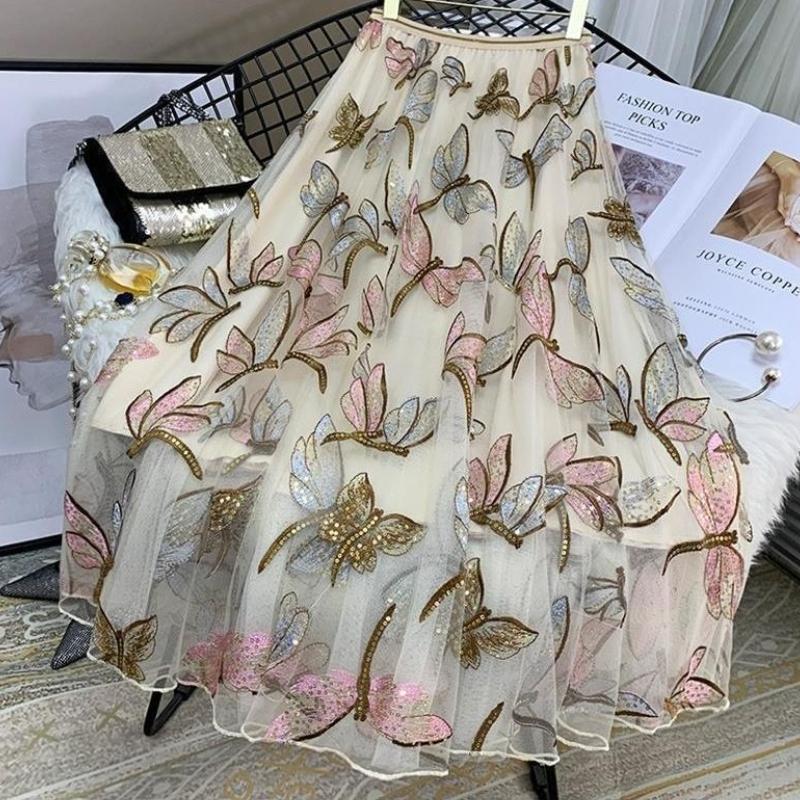 Heavy Industry Sequin Embroidery Women's Skirt Draped Mesh Skirt Medium Length Fashion Solid Color Versatile Pleated A-line Super Fairy Skirts