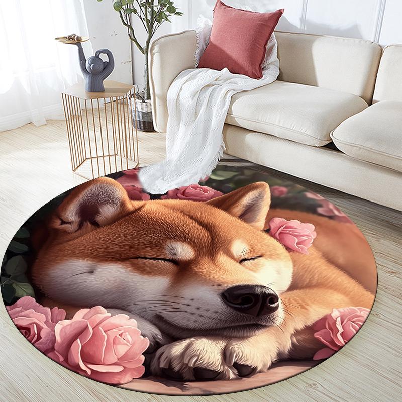 Shiba Inu and rose pattern round rug,Carpet Rug for Living Room Bedroom Playroom ,Non-slip Floor Mat,Holiday Gifts and Birthday Gifts.