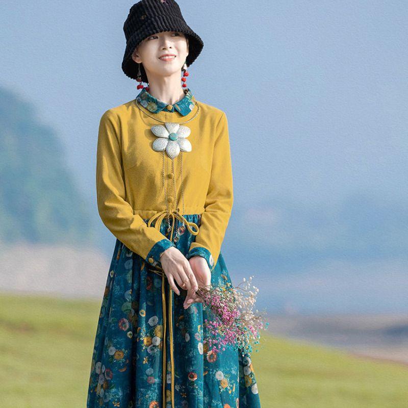 Платье из хлопка и льна в этническом стиле с принтом, длинная юбка для похудения