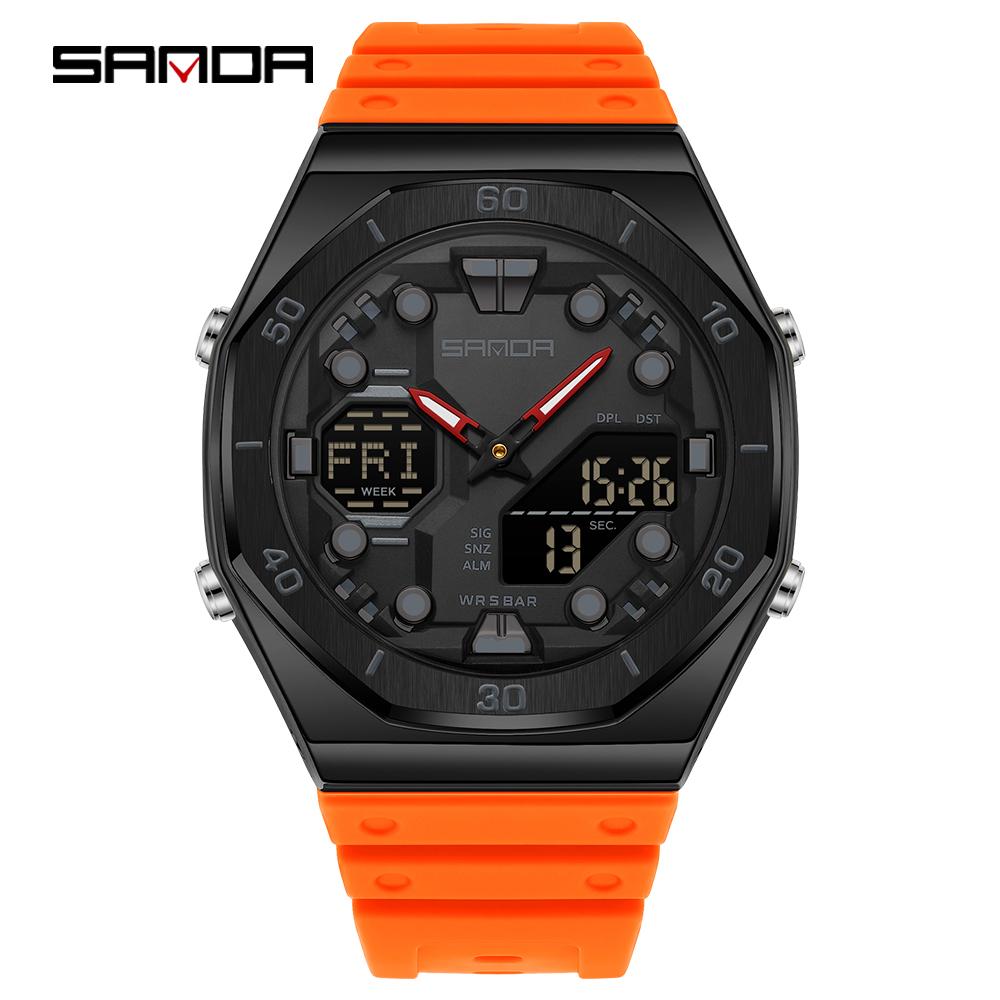 SANDA 6306 Модные мужские электронные часы с двойным дисплеем, многофункциональные, с ночной подсветкой, будильником, водонепроницаемые, крутые, унисекс