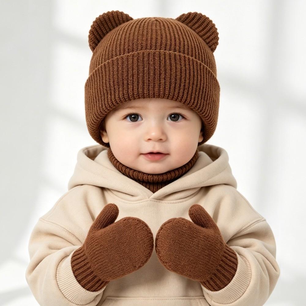 Ear Protection Bear Ear Earflap Hat Warm Knitted Hat Glove Set for Boys Girls Kids