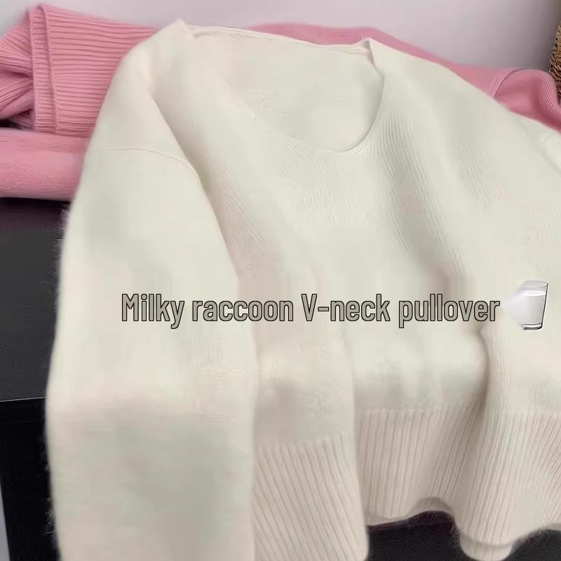 Женский корейский трикотажный свитер с V-образным вырезом синего цвета - мягкий пуловер свободного кроя для осени/зимы.