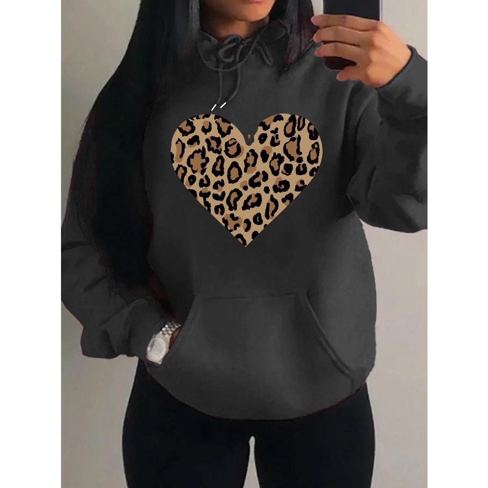 Простое худи с дизайном сердца с леопардовым принтом для женщин, оверсайз, флисовое, осеннее, хип-хоп, спортивная одежда, модная одежда
