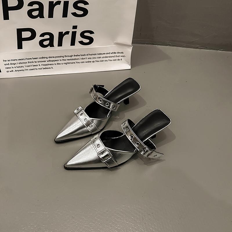 Мода Панк Готика Металлическая Пряжка Высокий Каблук Женские Сандалии Лето 2024 Острый Носок Серебристые Туфли для Вечеринки Мода Женские Туфли-Лодочки