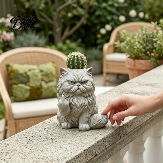 Multifunctional Resin Vase Funny Cat Planter, Middle Finger Kitty Flower Pot, Stone-Finish Garden Statue Frowning Plant Pot for Succulents,