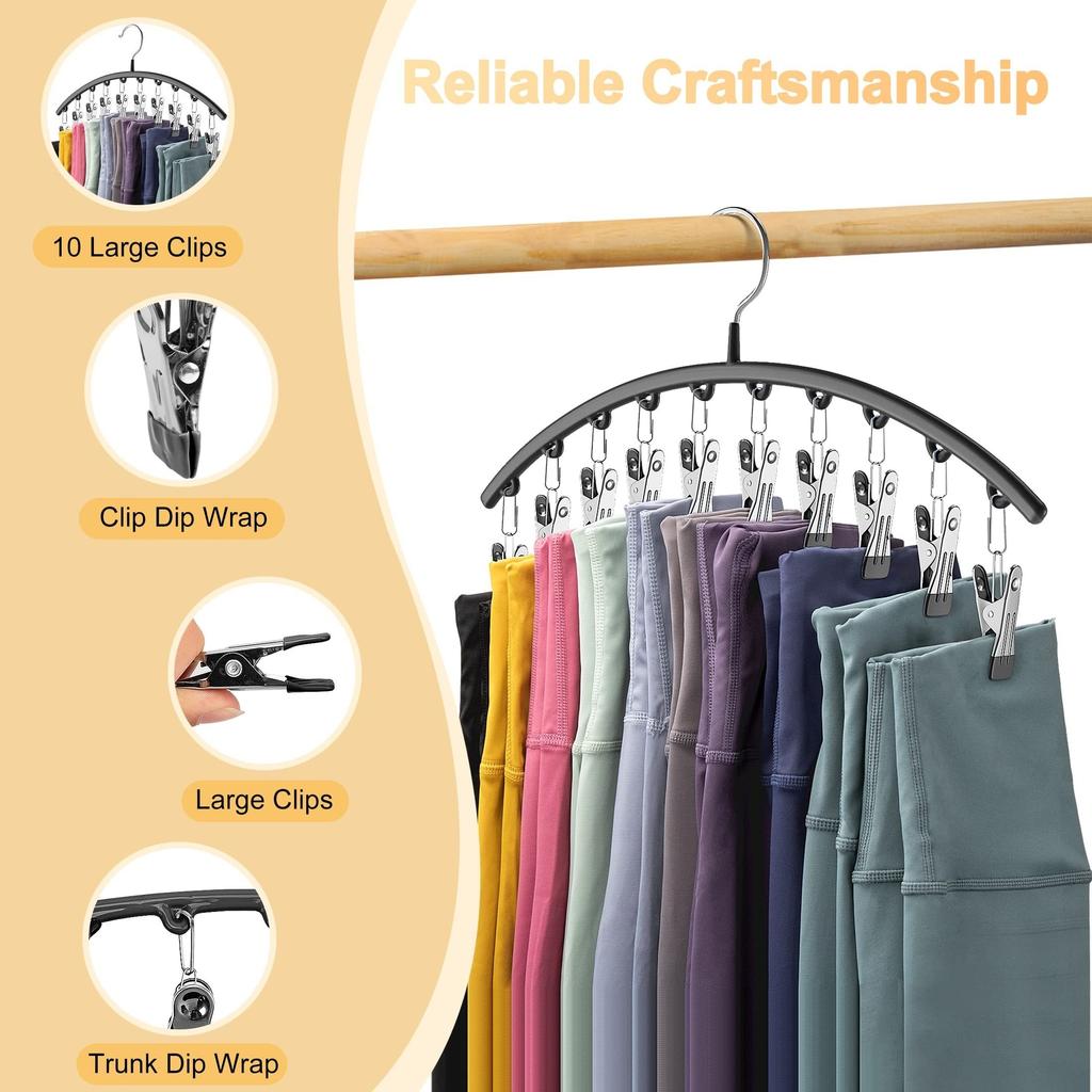 1pc Curved Shape Hanger, Metal Yoga Pants Hangers, Pants Hanger with 10 Clothespins, Space Saving Hanging Hangers, Closet Organizer W/Rubber Coated,