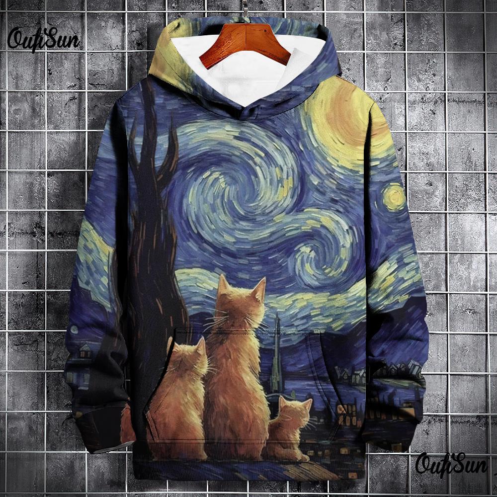 Модная мужская толстовка с капюшоном 3D Starry Sky Cat Printed Street Designer с длинными рукавами, свободный свитер большого размера, высококачественная мужская одежда