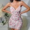 Women's See Through Lace Cami Nightgown V Neck Full Slip Chemise Nightdress Sexy Sheer Bodydoll Sleepwear with Thong