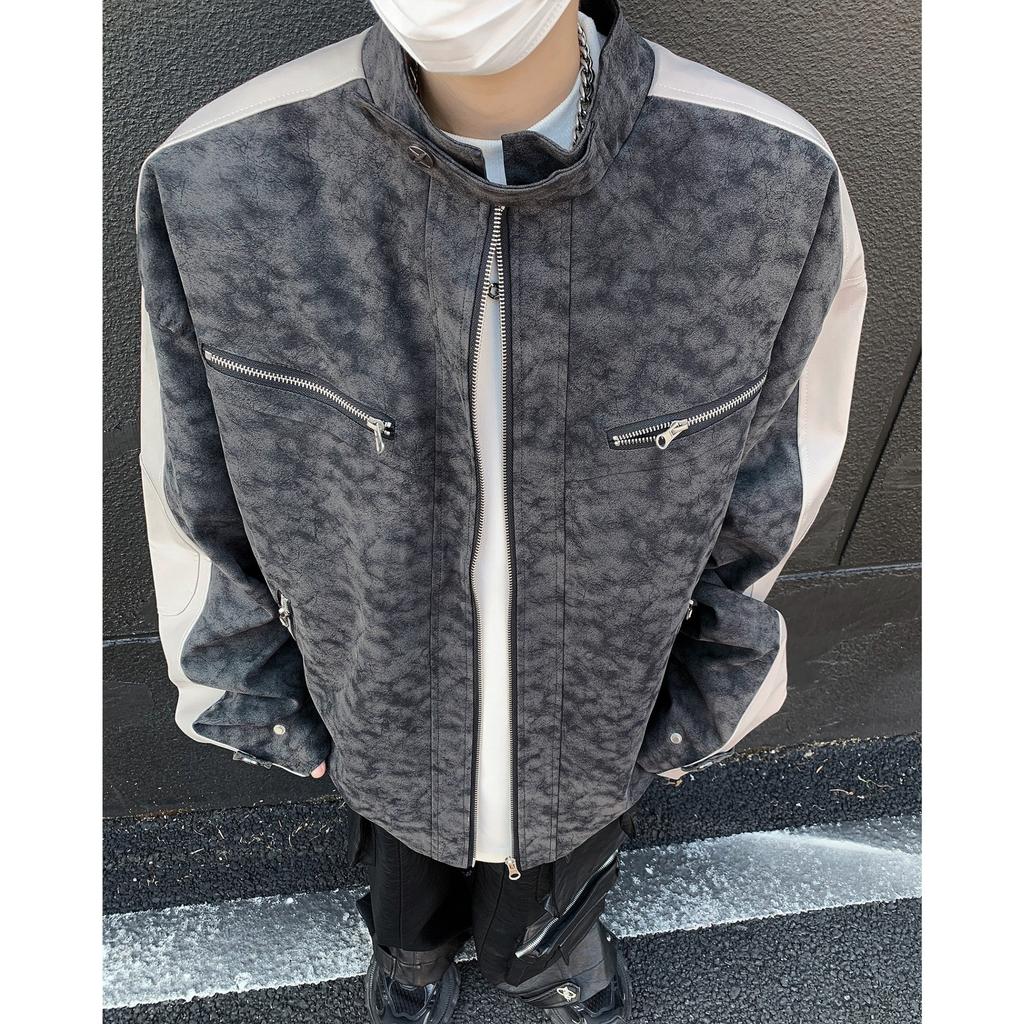 Autumn new long-sleeved leather shoulder padded stand-up collar locomotive jacket couple American retro matte textured coat top