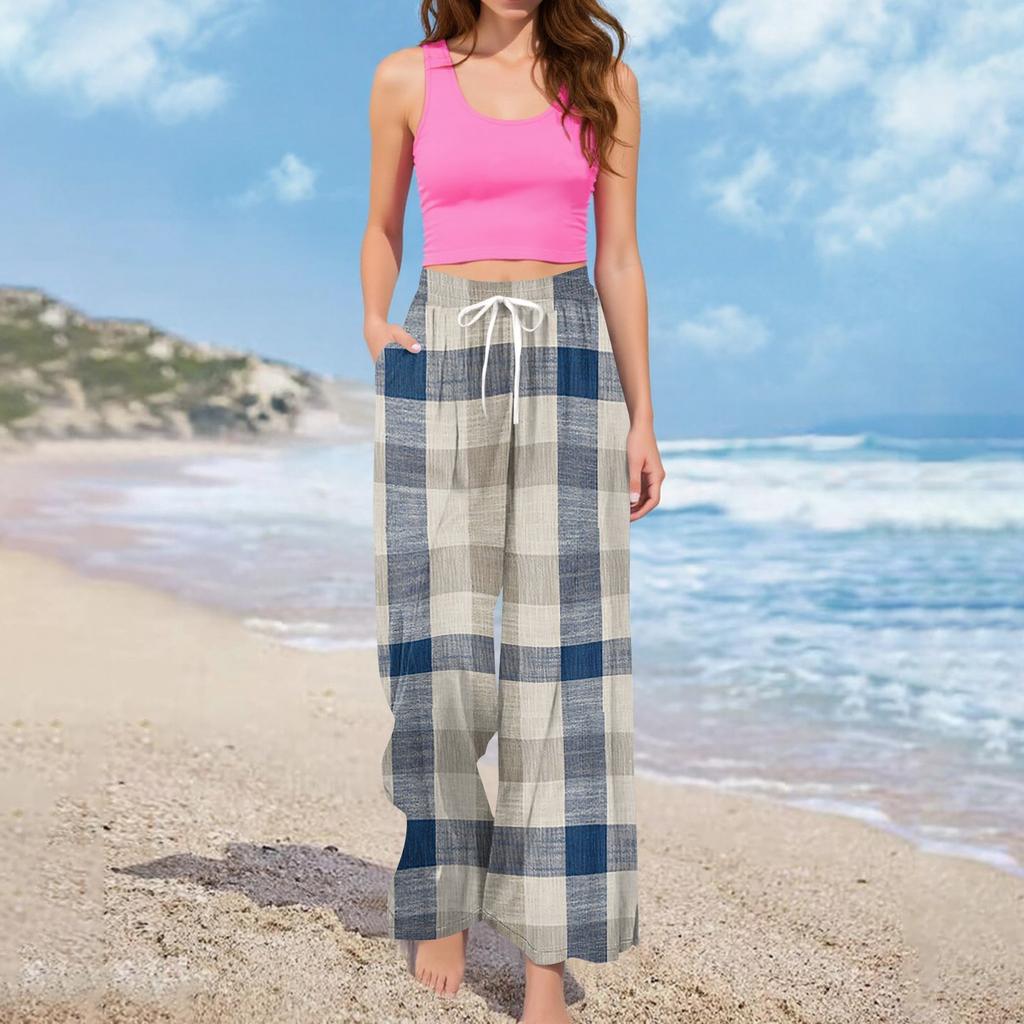 Женские брюки с принтом и широкими штанинами, с карманами, с высокой талией, на кулиске, свободные, повседневные