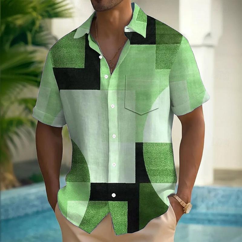 Men's geometric color block patchwork shirt Button shirt Short-sleeved fashion casual summer lapel 3D printing with pocket shirt