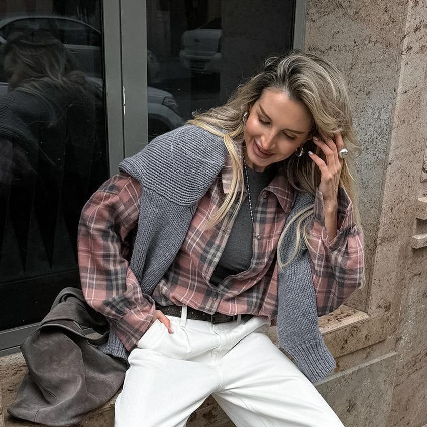 Autumn fashion retro minimalist loose polyester cotton lapel plaid shirt versatile Russian long-sleeved women's shirt