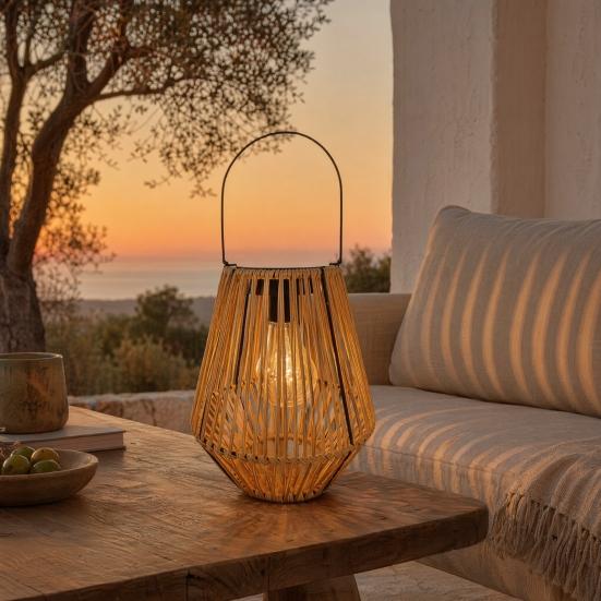 Nostalgie Rattan Woven Solar Lantern, Outdoor Faux Light, Rustic Waterproof Powered Hanging Lantern for Garden Balcony Patio Porch Decor