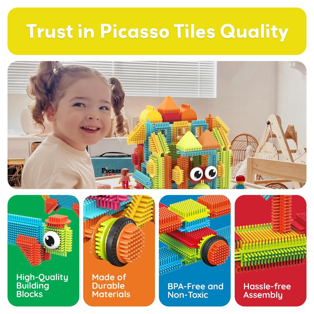 PicassoTiles Hedgehog Block Tiles Toy Building Stacking Interlock Teeth Toys Construction Sensory Gifts STEM Learning Bristle Playset Educational Kit