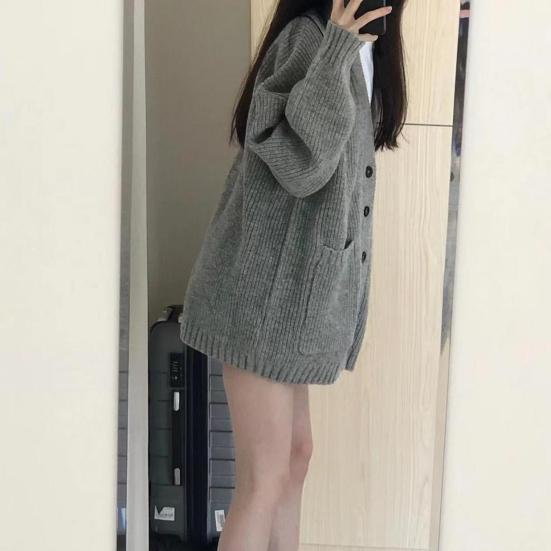 Women Sweater Coat V-Neck Long Sleeve Solid Color Knitting Coat with Large Pockets Mid-Length Loose Fit Sweater Cardigan