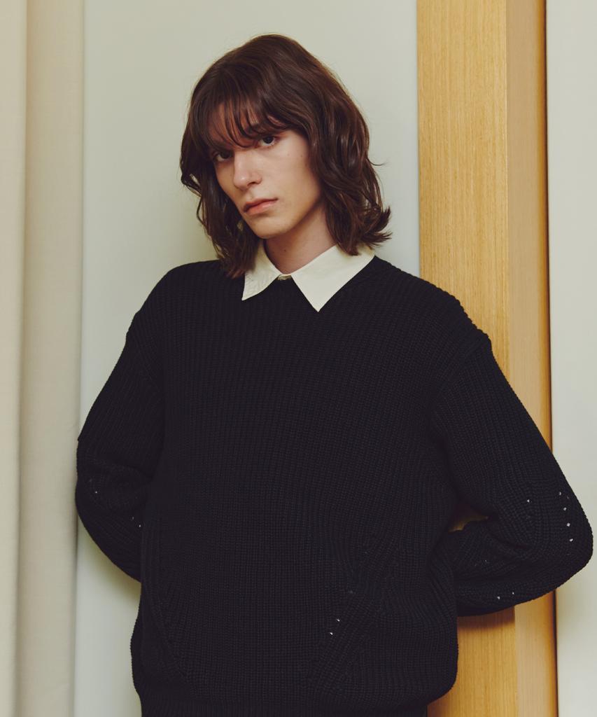 KNITTED Cotton Waffle Crewneck Knit Black